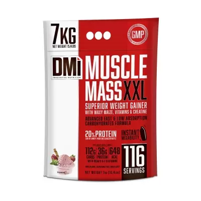 Pacote de suplemento alimentar vermelho e branco com escrita Muscle Mass XXL e informações nutricionais.