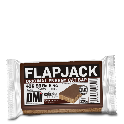 Barra energética Flapjack de aveia sabor chocolate em embalagem branca e castanha