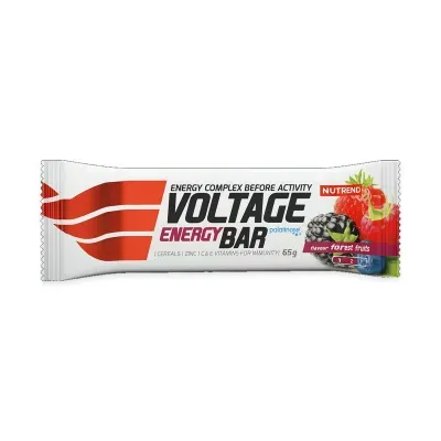 Barra energética Voltage Energy Bar sabor forest fruits com embalagem branca e detalhes vermelhos