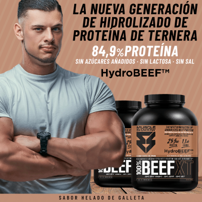 Suplemento proteico HydroBEEF XT em embalagem preta, com homem musculado ao lado