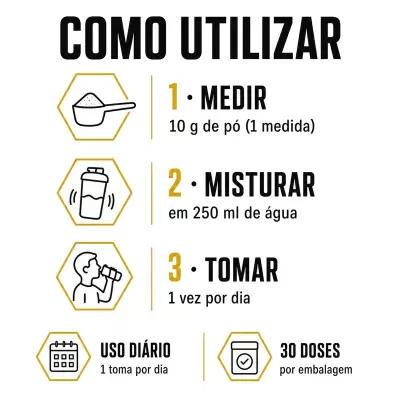 Instruções de uso para produto em pó em texto preto e dourado