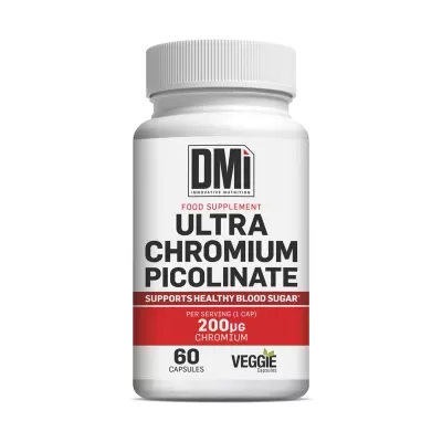 Frasco branco de suplemento Ultra Chromium Picolinate com rótulo branco e vermelho