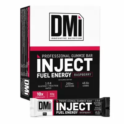 Embalagem e barra energética DMi INJECT sabor raspberry