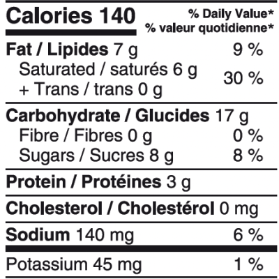 Rótulo de informações nutricionais em inglês e francês para uma waffle de 30 g.