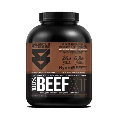 Frasco preto de suplemento proteico Muscle Shadow com rótulo castanho e preto