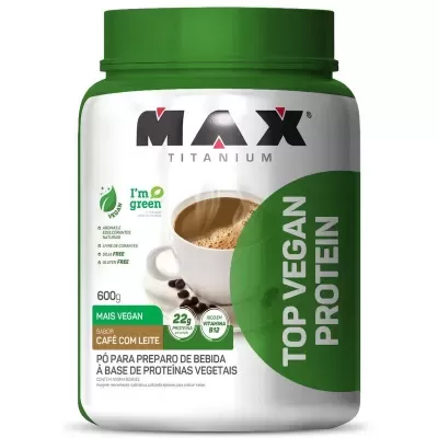 Frasco de suplemento proteico TOP VEGAN PROTEIN sabor café com leite da MAX Titanium