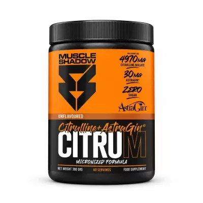 Frasco preto com tampa preta e etiqueta laranja e preta de suplemento alimentar