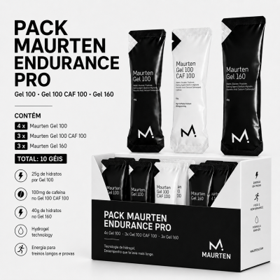 Pack de géis energéticos Maurten Endurance Pro com embalagem preta e branca mostrando 3 tipos de géis