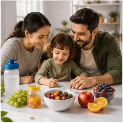 Frutas e lancheiras na mesa com família sorrindo ao fundo