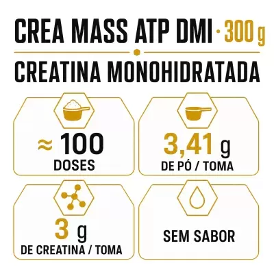 Rótulo com texto CREA MASS ATP DMI 300 g, CREATINA MONOHIDRATADA e informações nutricionais.