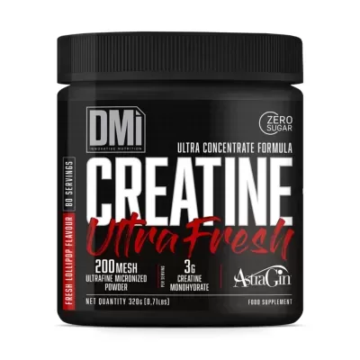 Frasco preto de suplemento alimentar creatina com texto em branco e vermelho