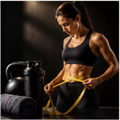 Mulher a medir a cintura com fita métrica amarela, perto de kettlebell, shaker e toalha