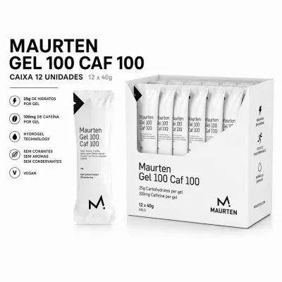 Caixa de gel Maurten Gel 100 Caf 100 com 12 sachês brancos