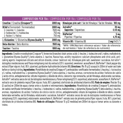 Embalagem de suplemento alimentar em pó com tabela nutricional e ingredientes em português e inglês