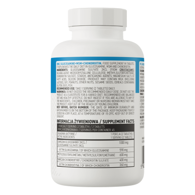 Frasco branco de suplemento alimentar com rótulo azul e branco com texto e tabela de ingredientes