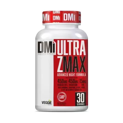 Frasco de suplemento alimentar DMI Ultra Zmax com rótulo vermelho e branco.