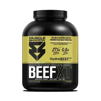 Frasco preto de suplemento proteico Muscle Shadow Hydrolyzed Beef Protein