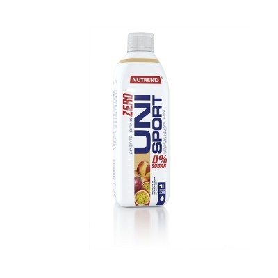 Garrafa branca de bebida esportiva NUTREND UNISPORT ZERO com imagem de frutas e texto 0% SUGAR