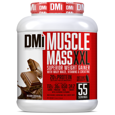Pote branco com tampa vermelha contendo suplemento Muscle Mass XXL sabor chocolate