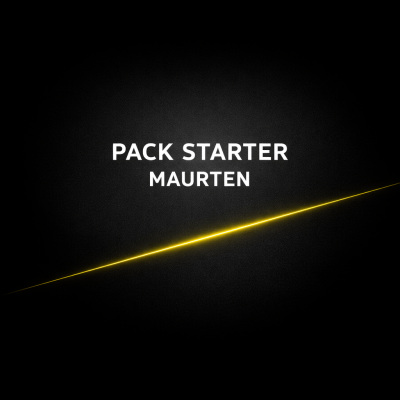 Fundo preto com texto branco PACK STARTER MAURTEN e linha amarela diagonal