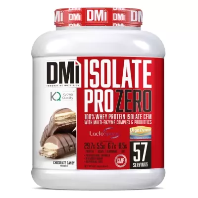 Frasco de suplemento de proteína em pó DMi isolate pro zero sabor chocolate candy