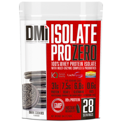 Embalagem de suplemento DM ISOLATE PRO ZERO Dark Cookies em branco, vermelho e preto