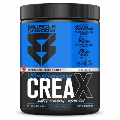 Frasco de suplemento alimentar Muscle Shadow CreaX azul e preto com tampa preta.