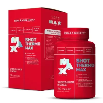 Frasco e embalagem vermelhos do suplemento SHOT THERMO MAX