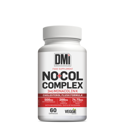 Frasco branco de suplemento alimentar NO+COL COMPLEX com rótulo em preto e vermelho