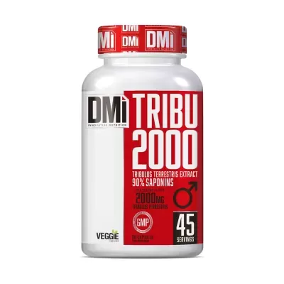 Frasco branco de suplemento DMi TRIBU 2000 com rótulo vermelho e branco.