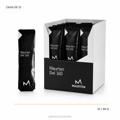Conjunto de 12 pacotes de gel Maurten Gel 160 em embalagem preta com texto branco numa caixa branca e preta.