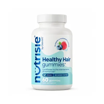 Frasco de suplemento alimentar Nutrisie Healthy Hair gummies sabor mirtilo e framboesa