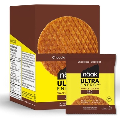Embalagem de waffle näak Ultra Energy com rótulo amarelo e castanho