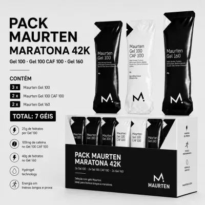 Pack Maurten Maratona 42K com géis energéticos em embalagem preta e branca.