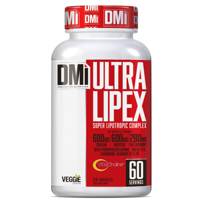 Frasco branco com suplemento Ultra Lipex de 60 cápsulas, tampa vermelha, etiqueta vermelha com texto branco e preto