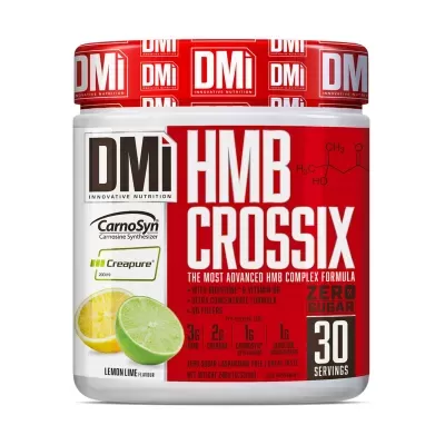 Frasco de suplemento DMi HMB Crossix sabor Lemon Lime com texto informativo e limão e lima na embalagem.