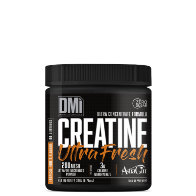 Frasco preto de suplemento em pó CREATINE Ultra Fresh, 320g, com texto branco e laranja