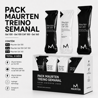 Pack semanal de géis energéticos Maurten Gel 100, Gel 100 CAF 100 e Gel 160 em embalagens pretas e brancas