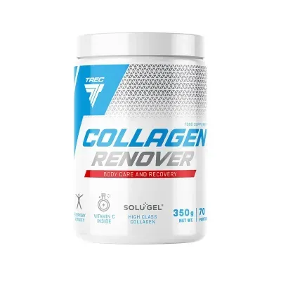 Frasco de suplemento Collagen Renover TREC com rótulo azul, cinza e vermelho