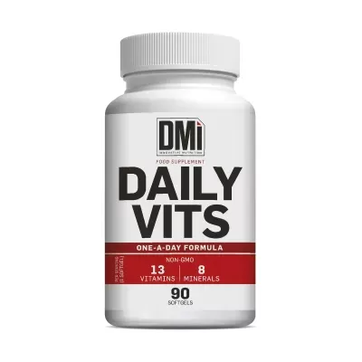 Frasco branco de suplemento alimentar Daily Vits da marca DMi