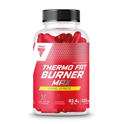 Frasco de suplemento alimentar Thermo Fat Burner Max com cápsulas vermelhas.