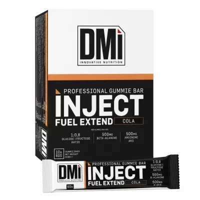 Caixa e barra de suplemento alimentar DMI Inject Fuel Extend sabor cola.