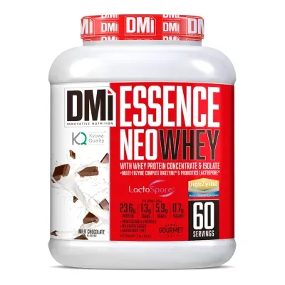 Frasco branco com tampa vermelha de suplemento alimentar DMI Essence Neo Whey sabor chocolate