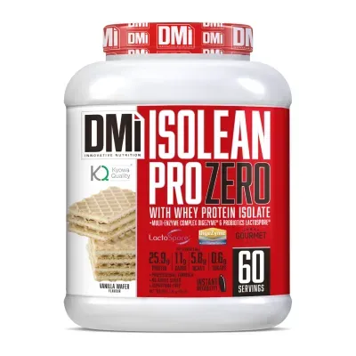 Frasco branco de suplemento proteico com tampa vermelha DMi Isolean Pro Zero