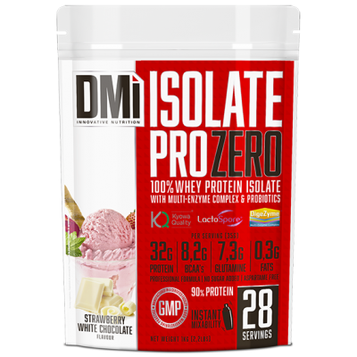 Embalagem de suplemento DMI Isolate Pro Zero sabor Strawberry White Chocolate com imagem de gelado