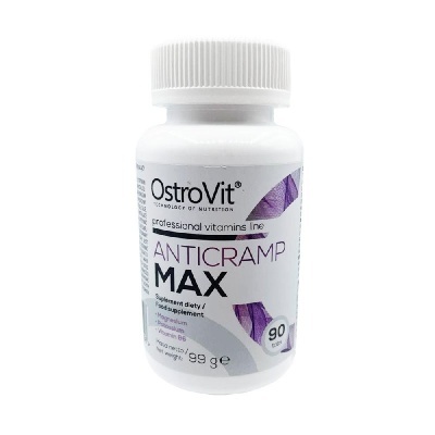 Frasco branco de suplemento dietético OstroVit AntiCramp Max, 90 cápsulas