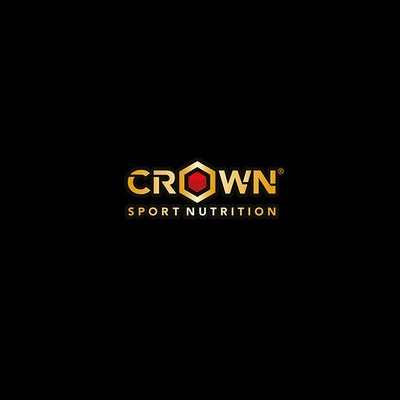 Logótipo CROWN SPORT NUTRITION em fundo preto com hexágono vermelho na letra O