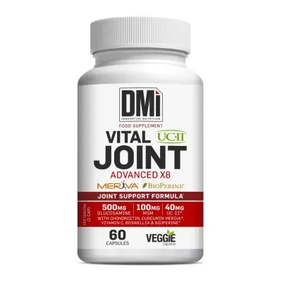 Frasco branco de suplemento alimentar DMi Vital Joint Advanced X8 com 60 cápsulas