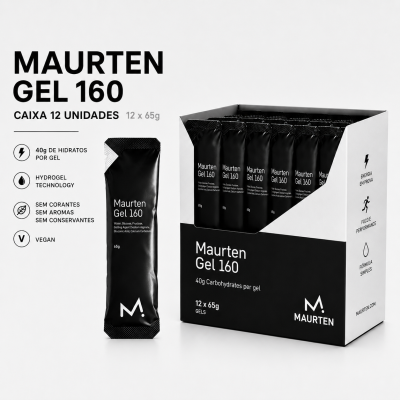 Caixa de gels energéticos Maurten Gel 160 com pacotes pretos