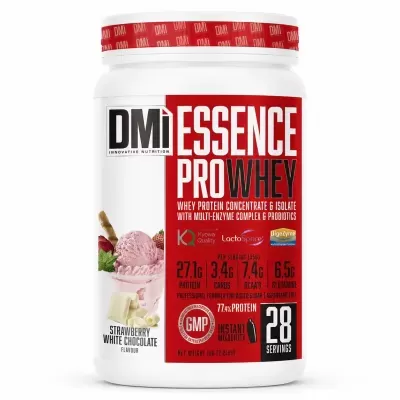 Pote branco de suplemento proteico DMI ESSENCE PRO WHEY sabor Strawberry White Chocolate com texto nutricional e selo GMP.